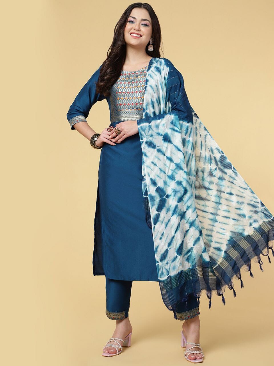 Dark Blue Chinon Chanderi Designer Kurti with Dupatta and Bottom Kurti with Dupatta and Bottom Shopin Di Apparels 