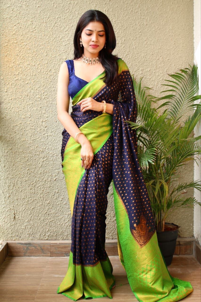 Dark Blue Kadwa Weave Lichi Banarasi Saree shopindi.sg 