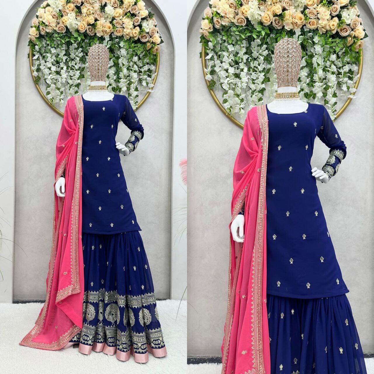 Dark Blue Pink Faux Georgette Designer Sharara Suit Designer Suits Shopin Di Apparels 