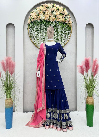 Dark Blue Pink Faux Georgette Designer Sharara Suit Designer Suits Shopin Di Apparels 