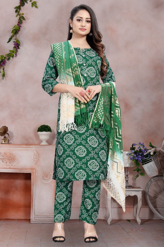 Dark Green Bandhani Printed Rayon Straight Cut Suit Designer Suits shopindi.sg 