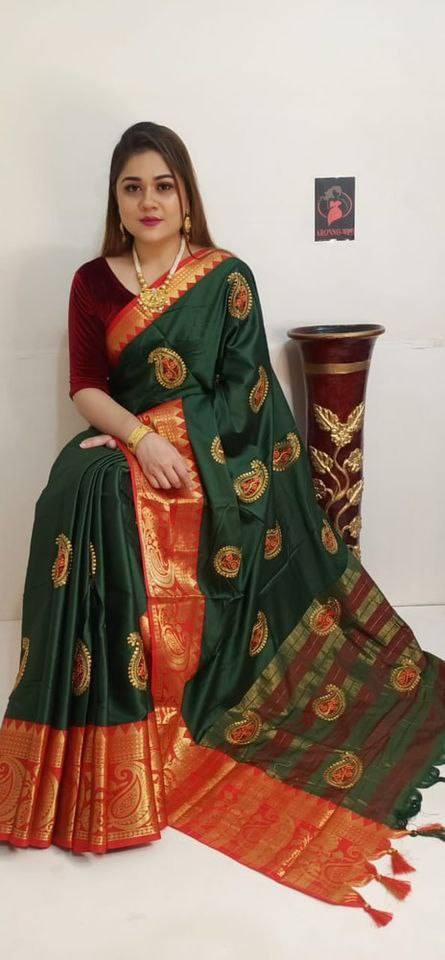 Dark Green Cotton Silk Saree with Embroidery Work Silk Cotton Saree Shopindiapparels.com 