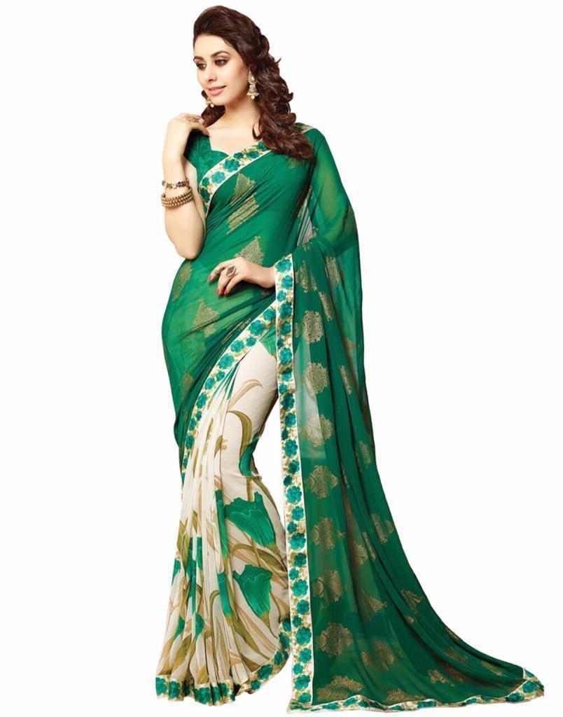 Dark Green Floral Half Half Georgette Saree Saris & Lehengas Shopindiapparels.com 