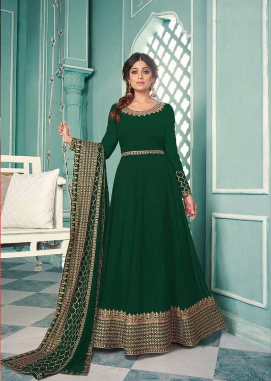 Dark Green Fox Georgette Anarkali Suit with stone work Designer Suits AASHIRWAD 
