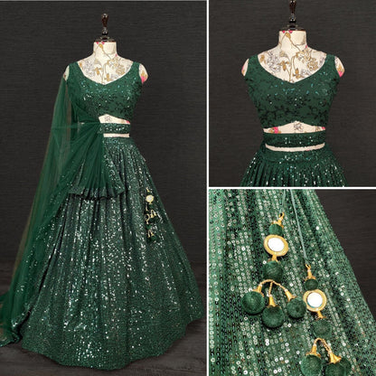 Dark Green Georgette Sequins work 3pc Lehenga Choli 3pc Lehenga Shopindiapparels.com 