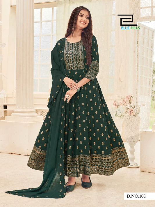 Dark Green Rayon Gold Printed Anarkali with Dupatta Kurti & Dupatta Blue Hills 