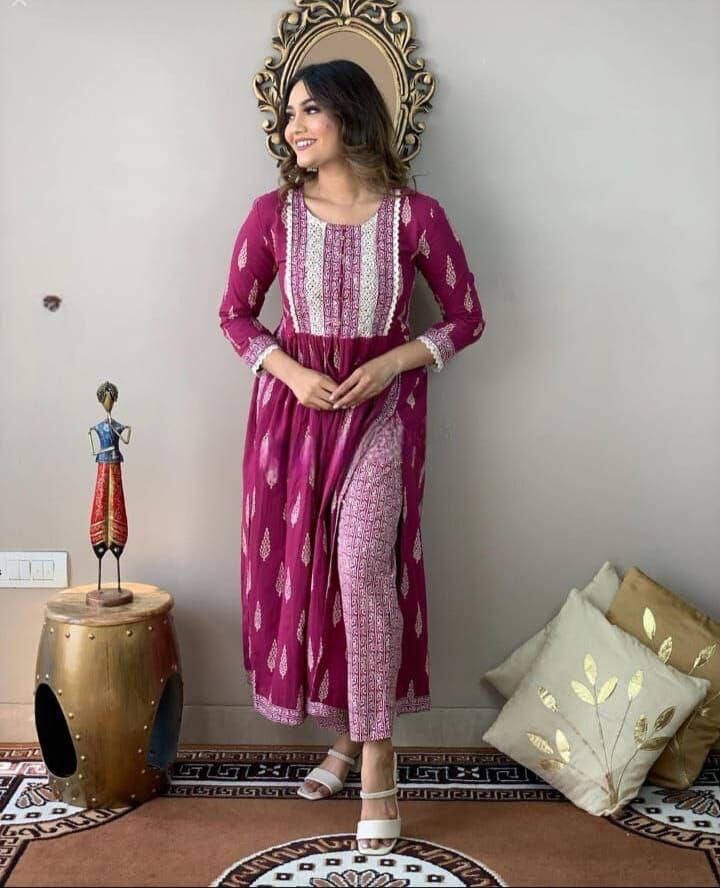 Dark Pink Naira Cut Embroidered and Printed Rayon Kurti with Pant Set Kurti with Pant Shopin Di Apparels 