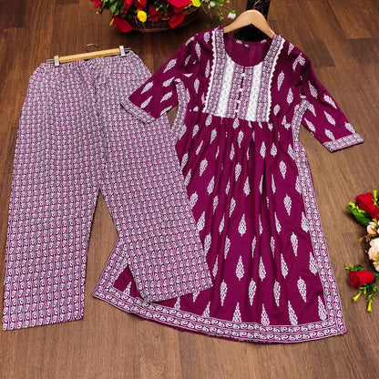 Dark Pink Naira Cut Embroidered and Printed Rayon Kurti with Pant Set Kurti with Pant Shopin Di Apparels 