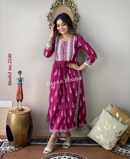 Dark Pink Naira Cut Embroidered and Printed Rayon Kurti with Pant Set Kurti with Pant Shopin Di Apparels 