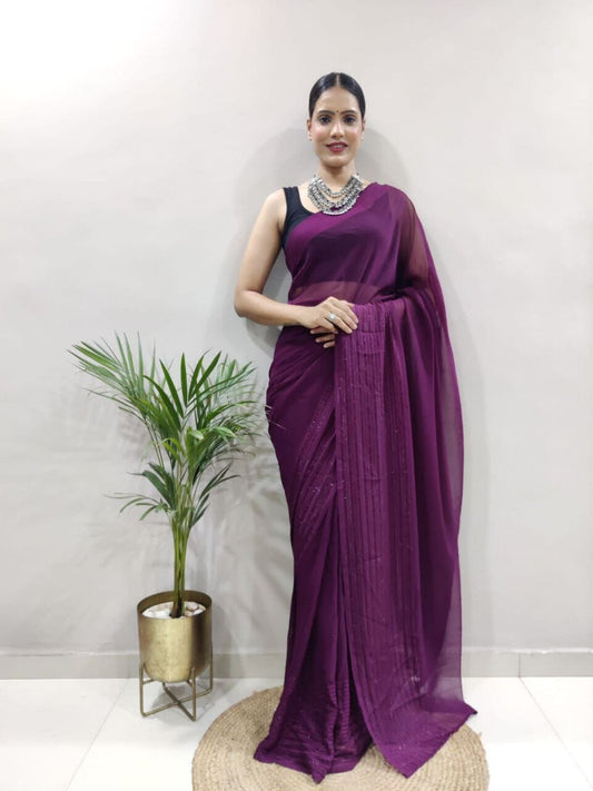 Dark Purple Sequence Work Georgette Readymade Saree Shopin Di Apparels