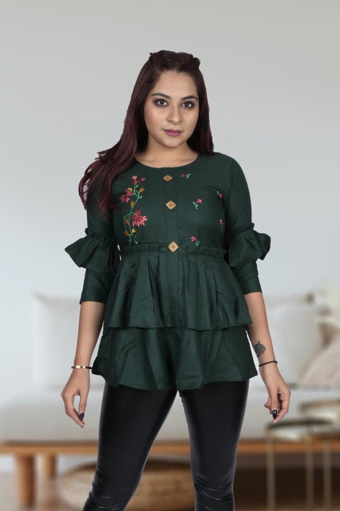Designer Cotton Embroidered Tops in 5 colors Western Top Shopindiapparels.com Dark Green M 38 