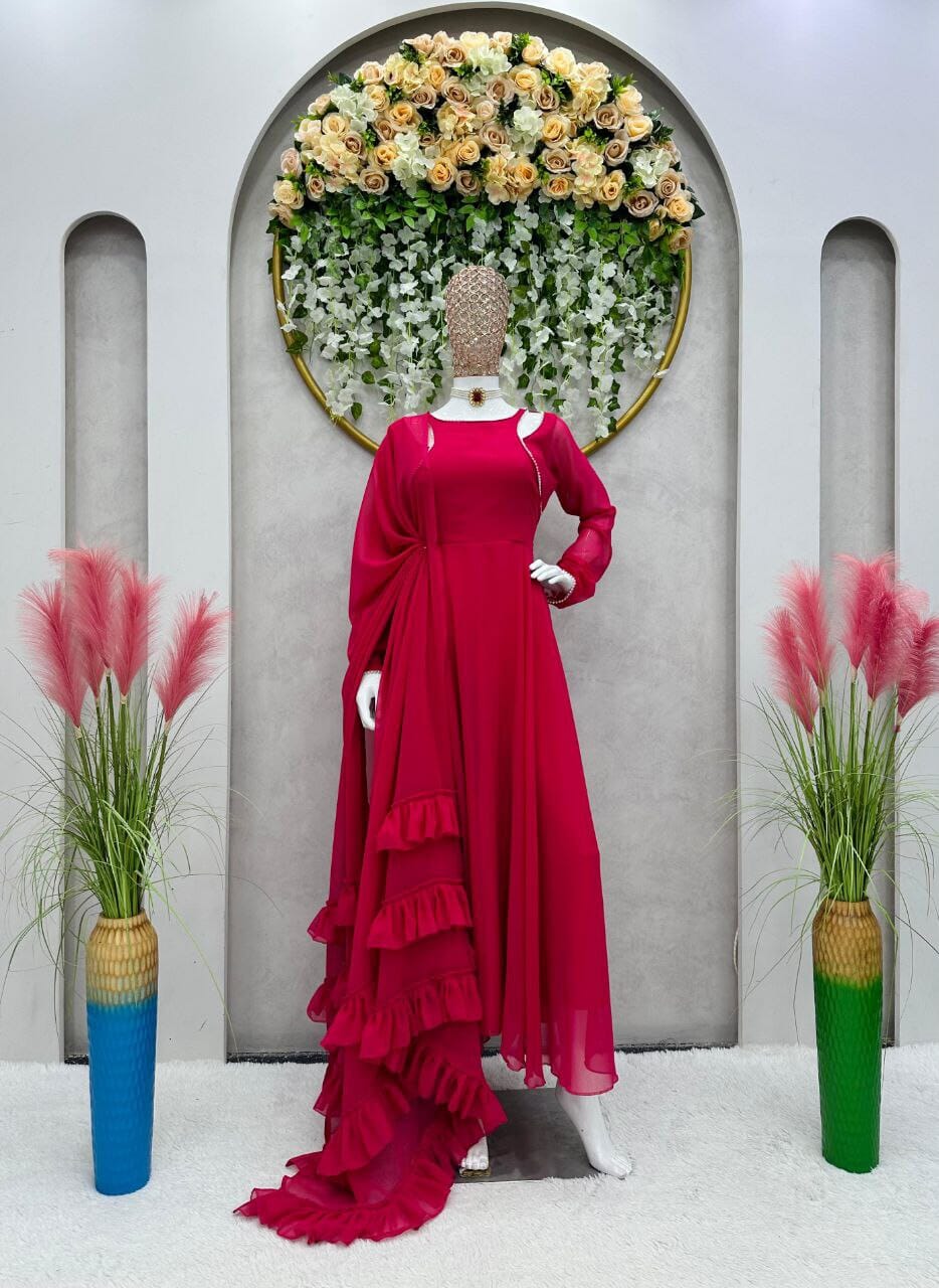 Designer Fancy Pearl Work Anarkali Suit with Ruffle Work Dupatta Designer Gowns Shopin Di Apparels 