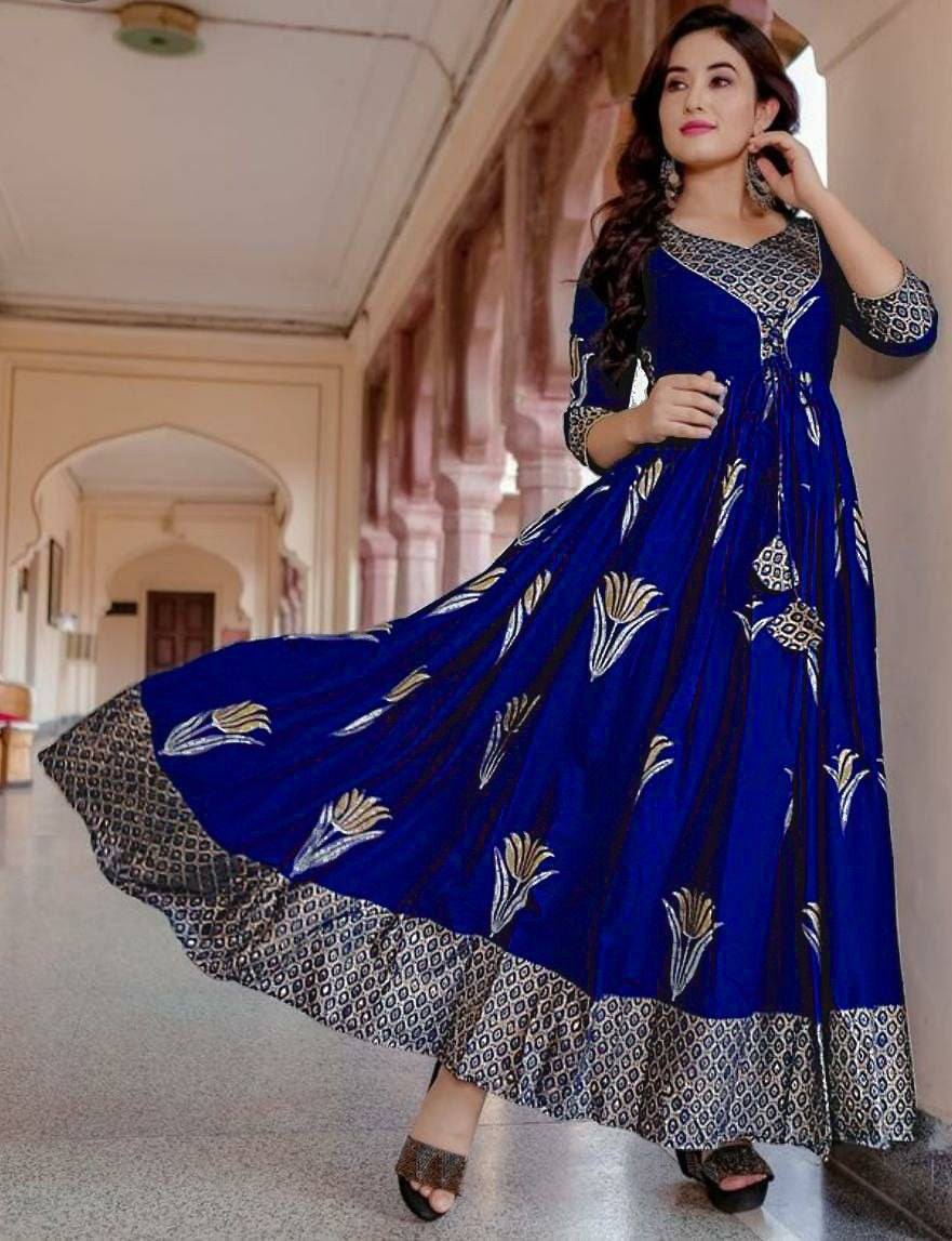 Designer Flaired Gown with foil print in 10 colors Gowns Shopindiapparels.com 