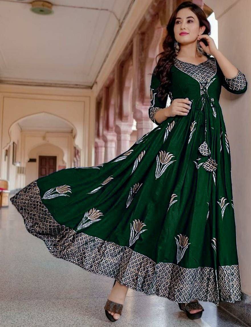 Designer Flaired Gown with foil print in 10 colors Gowns Shopindiapparels.com 