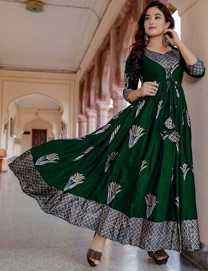 Designer Flaired Gown with foil print in 10 colors Gowns Shopindiapparels.com 