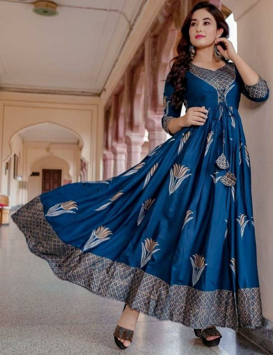 Designer Flaired Gown with foil print in 10 colors Gowns Shopindiapparels.com 