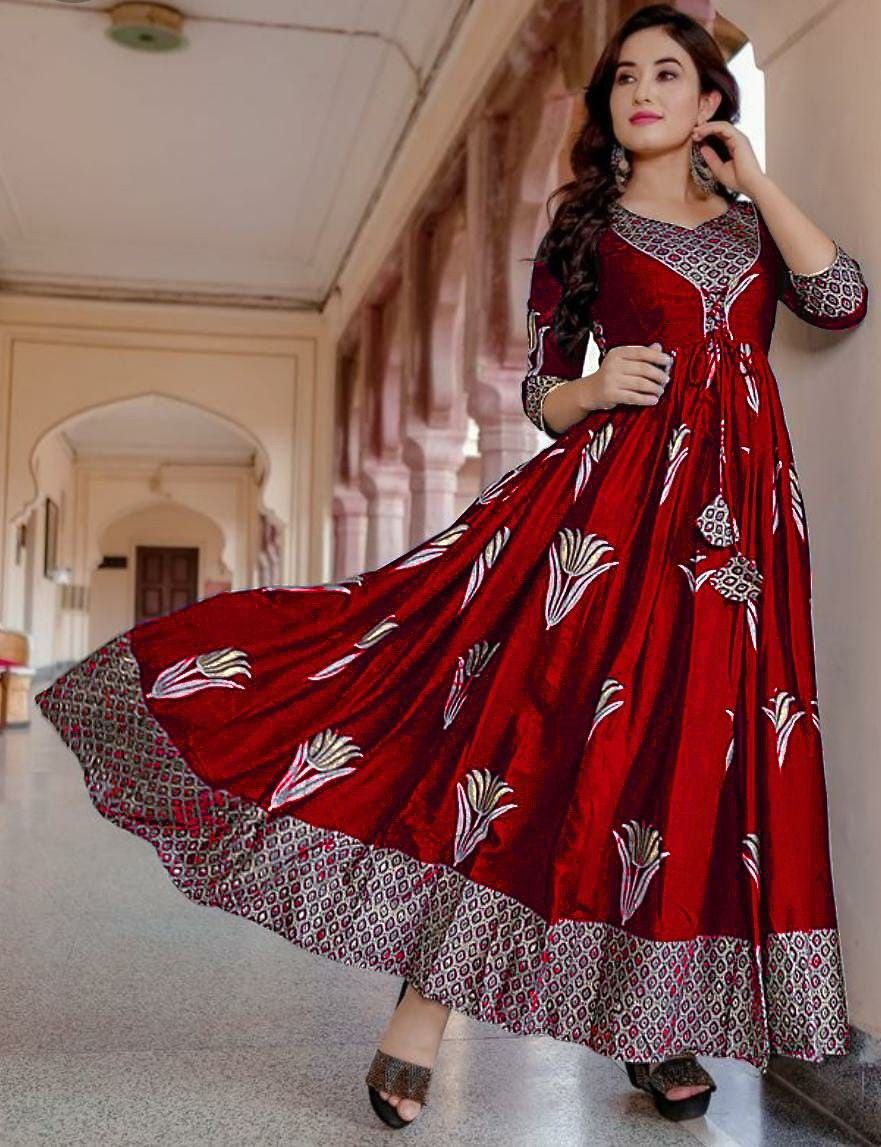 Designer Flaired Gown with foil print in 10 colors Gowns Shopindiapparels.com 