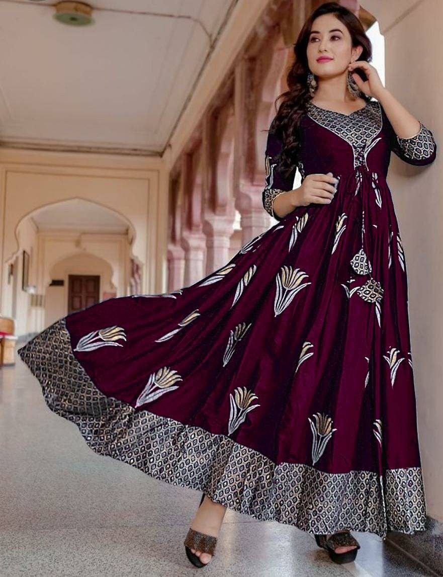 Designer Flaired Gown with foil print in 10 colors Gowns Shopindiapparels.com 
