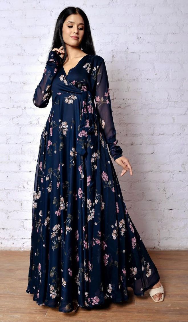 Designer Georgette Navy Blue Maxi Gown gown Shopindiapparels.com 