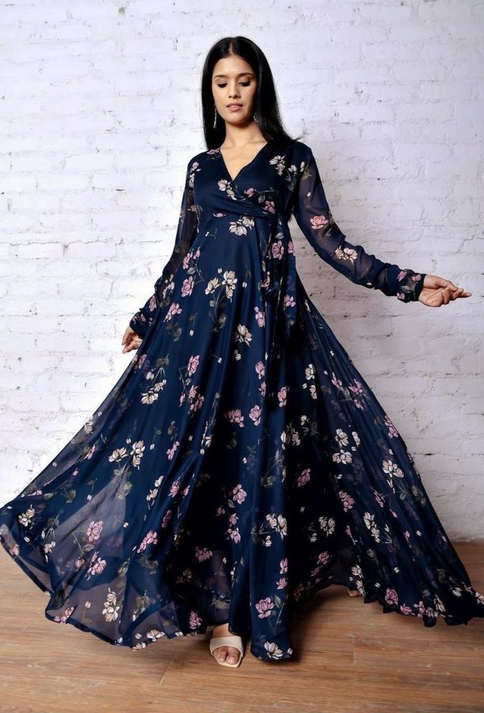 Designer Georgette Navy Blue Maxi Gown gown Shopindiapparels.com 