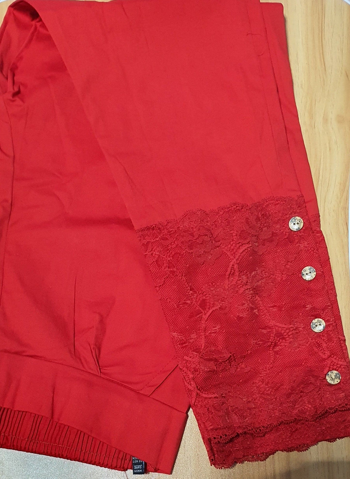 Designer Lace Cotton Lycra Pants in 5 colors Cotton Lycra Pants Shopindiapparels.com Red 