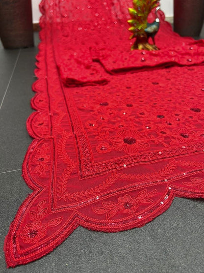 Designer Red Georgette Sequence work Saree Saris & Lehengas Shopindiapparels.com 