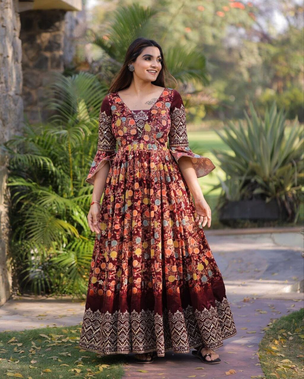 Digital Printed Long Anarkali gown with Sequence and Embroidery work and Bell Sleeves Designer Gowns shopindi.sg 