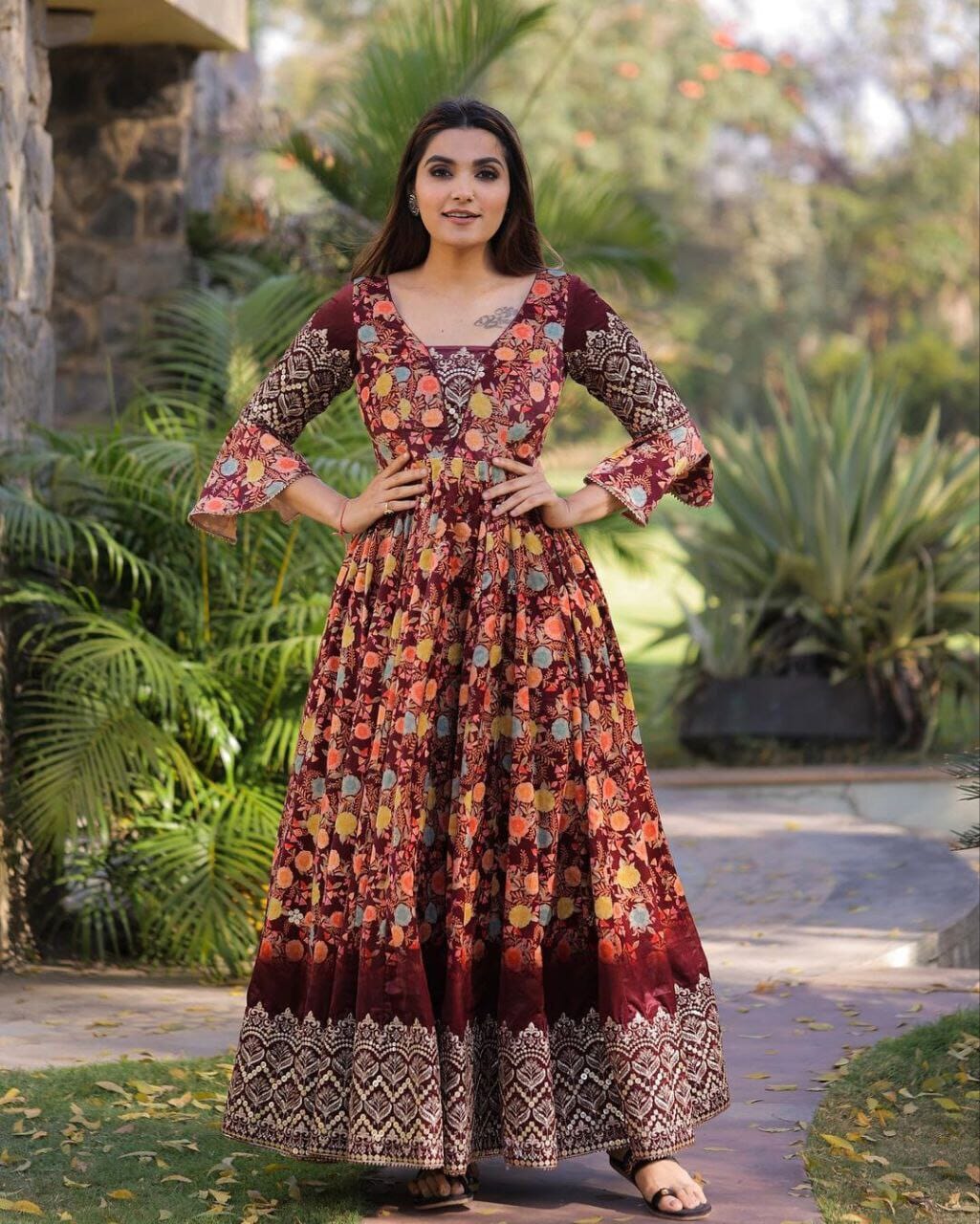 Beautiful Silk Anarkali Gown. Embellished with hand embroidery. Modern bell  cuff sleeves. Shine and gli… | Gown party wear, Exclusive gowns, Evening  dresses prom