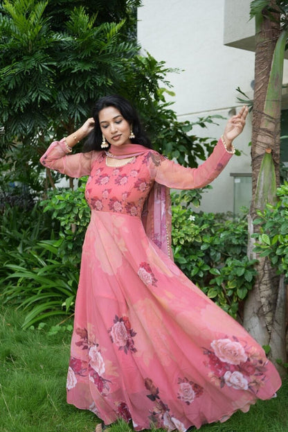Dusty Pink Floral Digital Printed Gown with Pearl work Dupatta Gown with Dupatta Shopindiapparels.com 