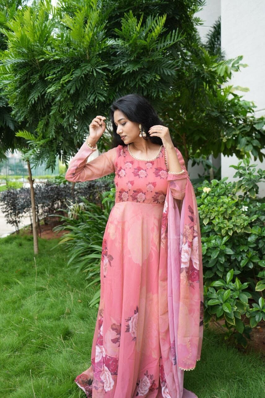 Dusty Pink Floral Digital Printed Gown with Pearl work Dupatta Gown with Dupatta Shopindiapparels.com 