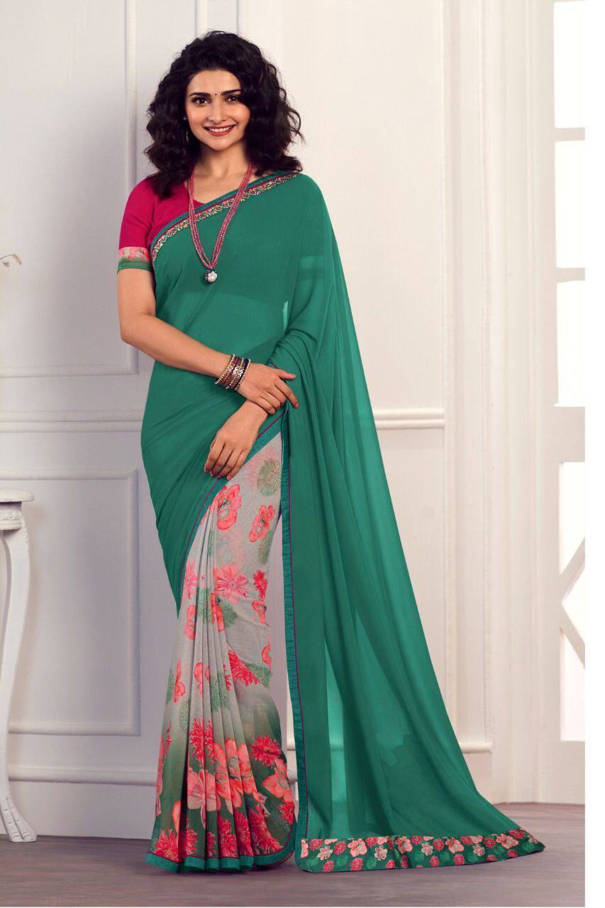 Emerald Green Heavy Georgette Silk Half Half Saree Designer Saree Shopindiapparels.com 