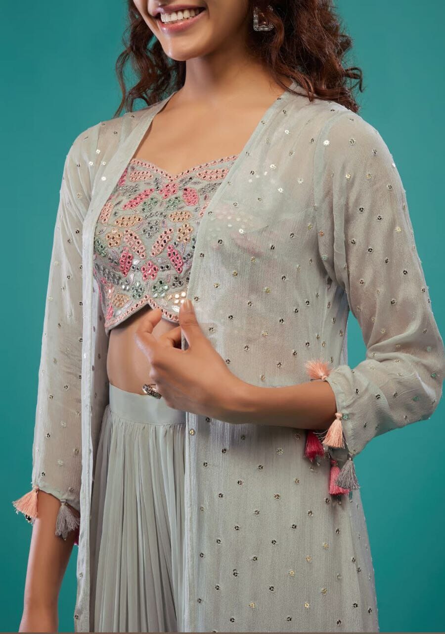 Fancy Wear Blouse with Palazzo and Shrug Designer Suit Designer Suits Shopin Di Apparels 