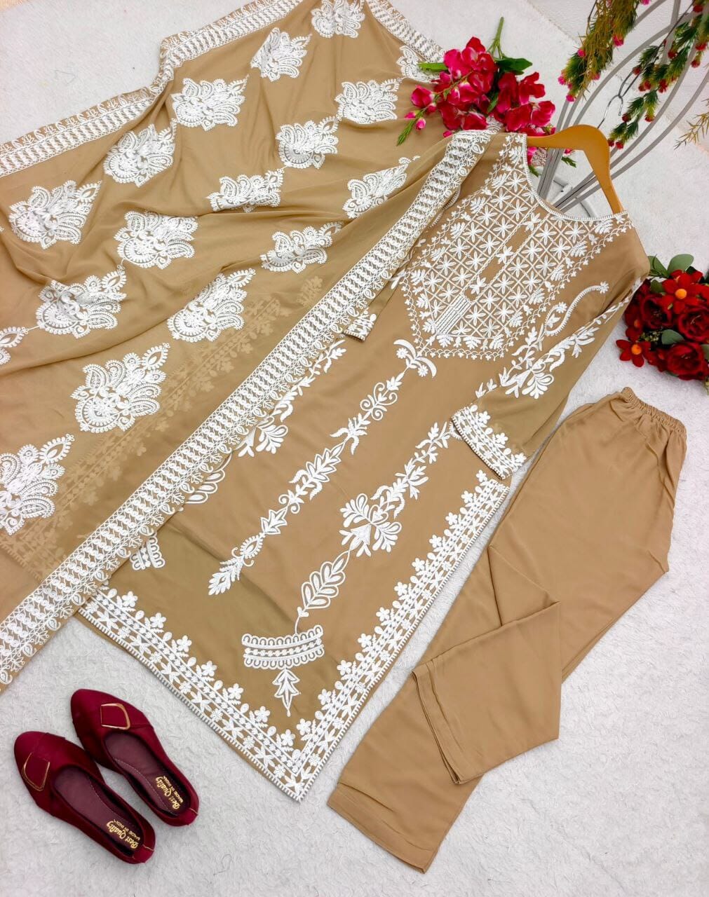 Faux Georgette Designer Full Sleeves Top with Embroidery work Dupatta and Bottom Kurti with Dupatta and Bottom Shopin Di Apparels 