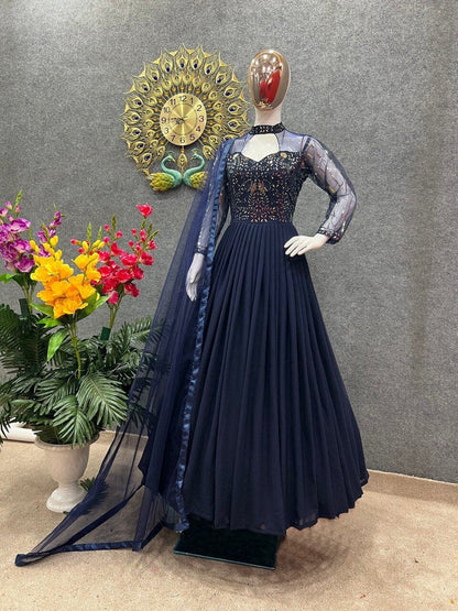 Faux Georgette Gown With Embroidery Sequence Work With Full Sleeve In 3 colors Gown shopindi.sg 