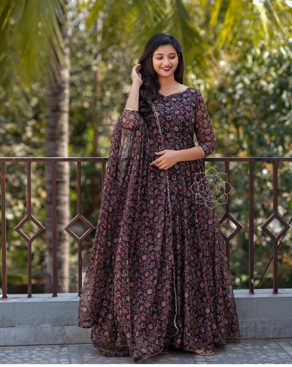 Flower Print Maxi Georgette Gown with Dupatta Gown shopindi.sg 