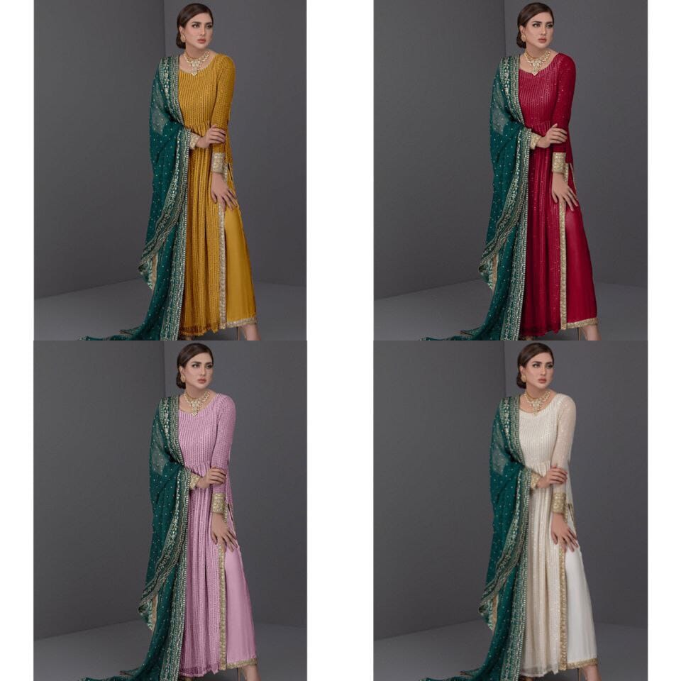 G74 Sequence Work Long Georgette Slit Cut Designer Suit in 4 colors designer suits shopindi.sg 