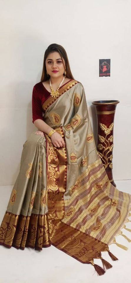Golden Grey Cotton Silk Saree with Embroidery Work Silk Cotton Saree Shopindiapparels.com 