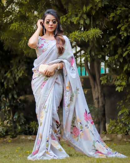 Gray Georgette Saree with Rose Prints and Pearl lace border work Saris & Lehengas Shopindiapparels.com 