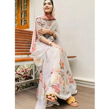 Load image into Gallery viewer, Gray Georgette Saree with Rose Prints and Pearl lace border work Saris &amp; Lehengas Shopindiapparels.com 