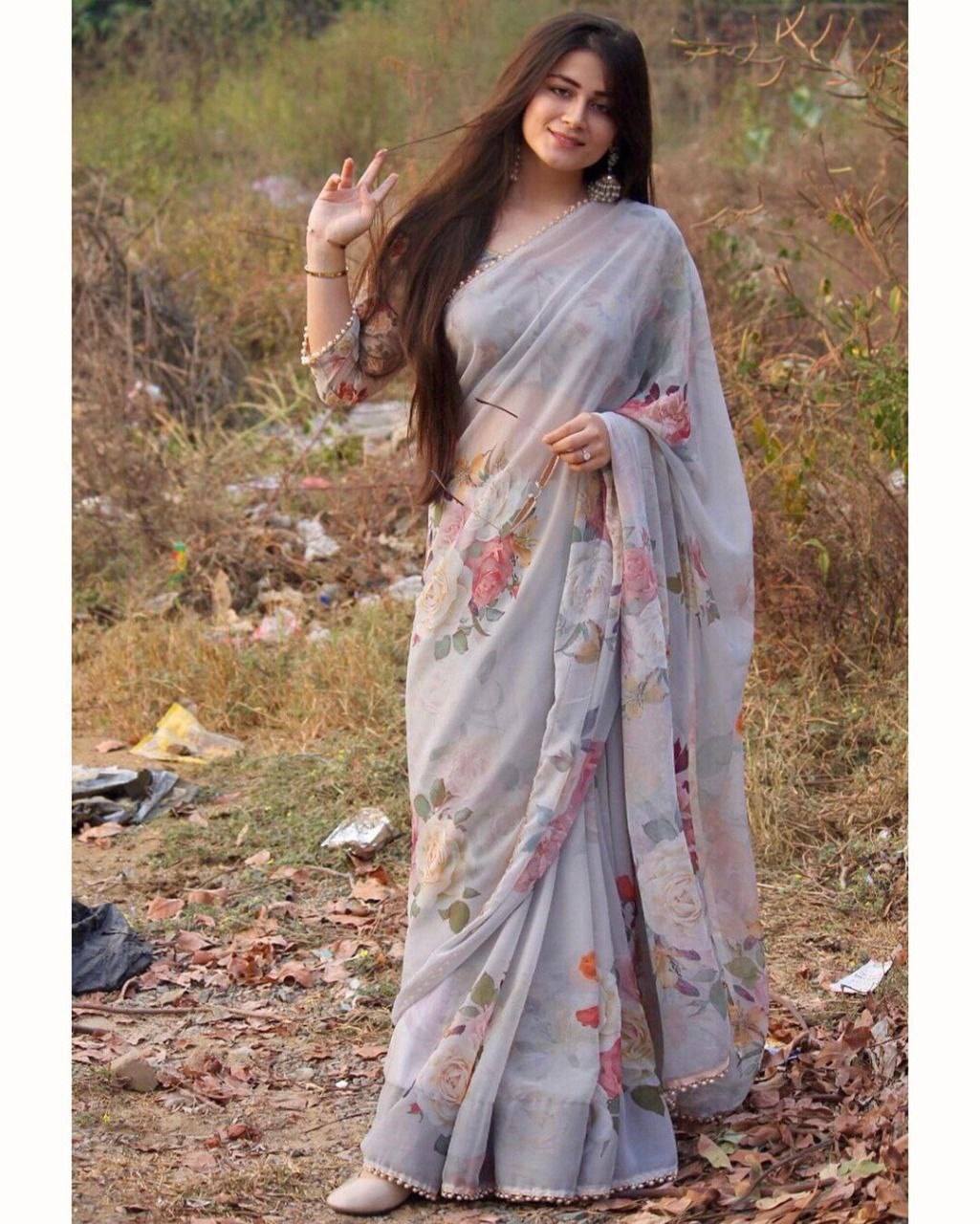 Gray Georgette Saree with Rose Prints and Pearl lace border work Saris & Lehengas Shopindiapparels.com 