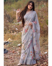 Load image into Gallery viewer, Gray Georgette Saree with Rose Prints and Pearl lace border work Saris &amp; Lehengas Shopindiapparels.com 