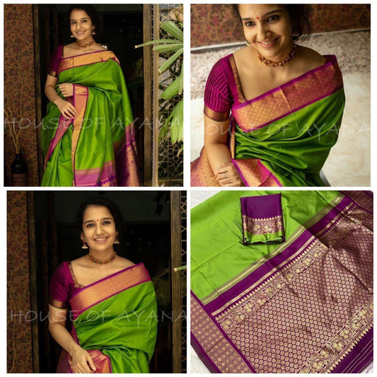 Green and Purple Banarasi Lichi Silk Saree Shopindiapparels.com 