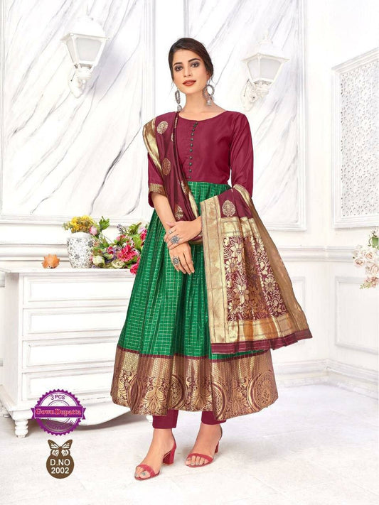 Green Designer Silk Gown with Banarasi Dupatta Gowns Shopindiapparels.com 