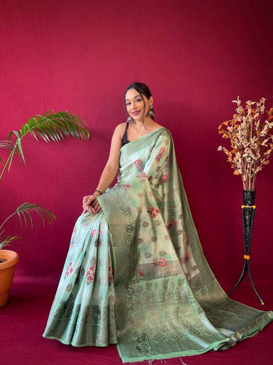 Green Pure Soft Silk Saree with Motifs and Weaved border Shopin Di Apparels 