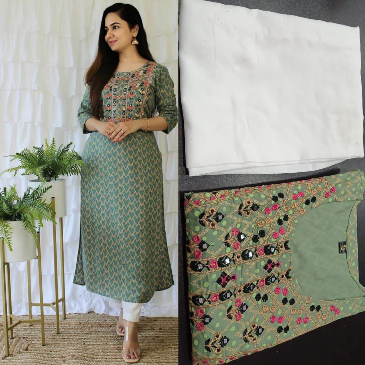Green Rayon Jaipuri Embroidered Kurti and pant set Kurti with Pant Shopindiapparels.com 