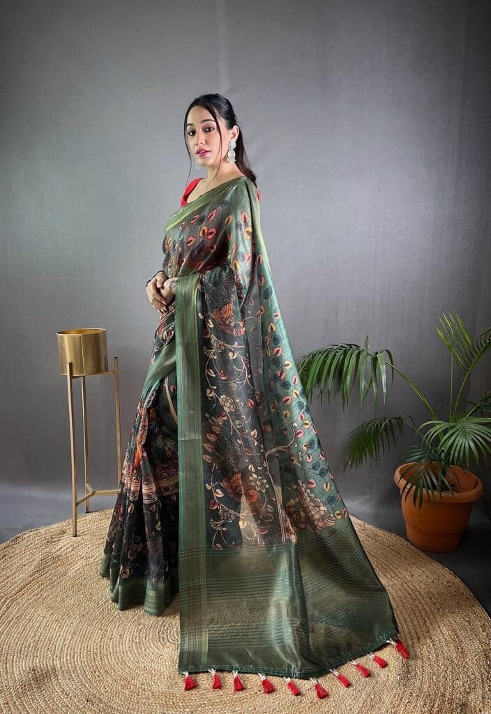 Green Soft Kashmiri Pashmina silk weaving saree with Kalamkari Digital print Shopin Di Apparels 