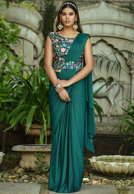 Green Solid Pleated Designer Ruffle Ready To Wear Saree Ready to Wear Saree Shopin Di Apparels 