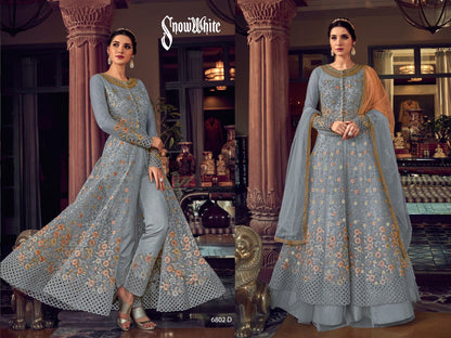 Grey Butterfly Net Designer Suit with Skirt and Embroidered Pants Designer Suits Shopin Di Apparels 