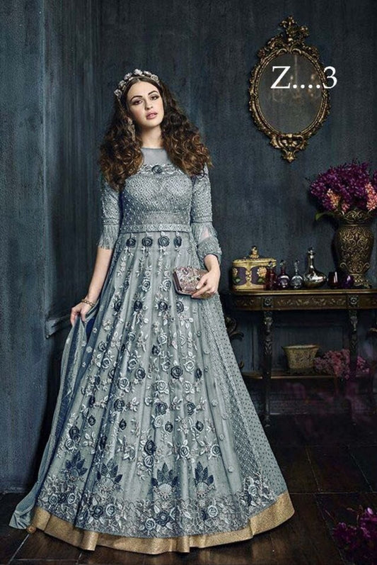 Grey Designer Heavy Net Anarkali Suit with Embroidery work + stone Shopindiapparels.com 
