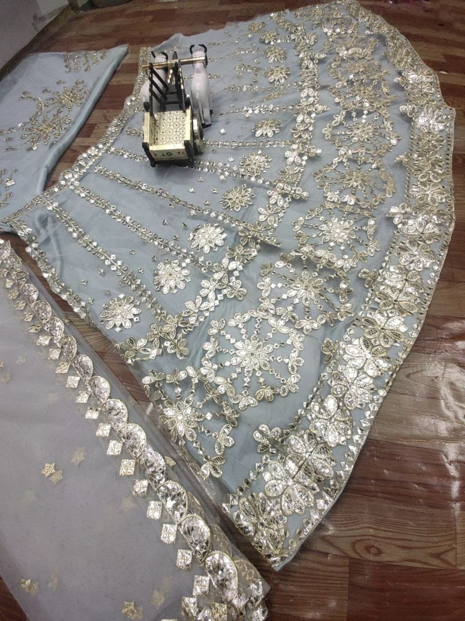 Grey Heavy Net Embroidered Bridal Lehenga 3pc Lehenga Shopindiapparels.com 
